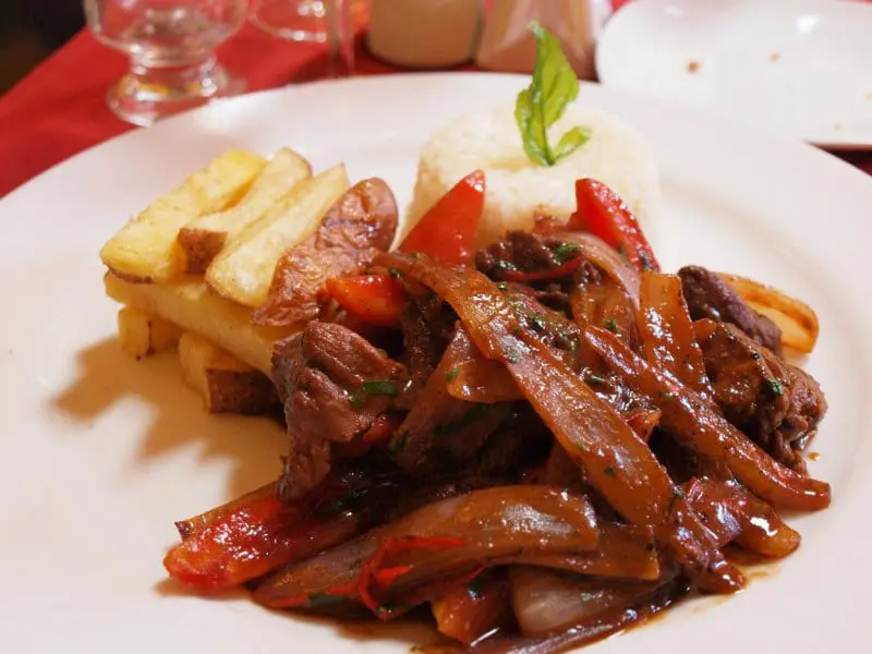 Lomo Saltado, stir fried beef with fries and rice