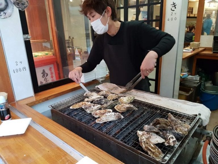 Oysters being prepared on Miyajima Island, Japan