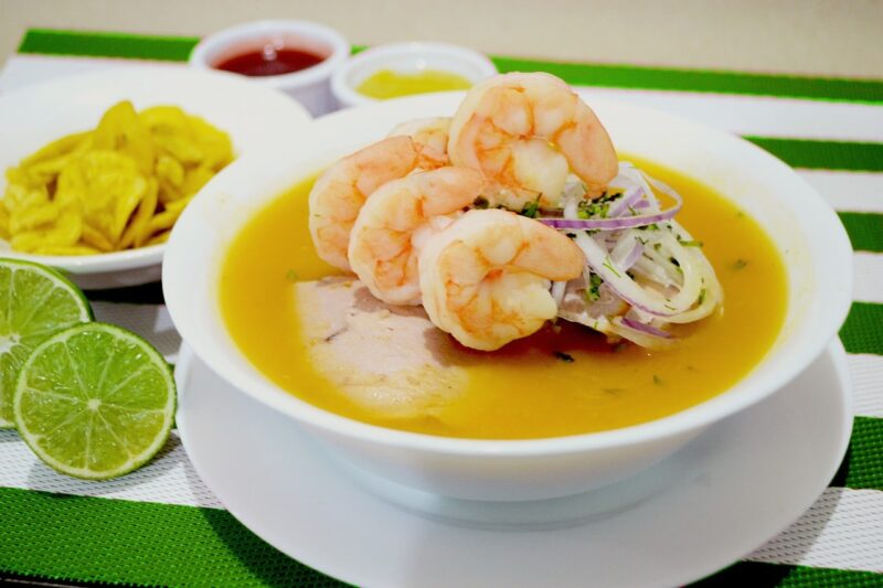 Encebollado in a white bowl