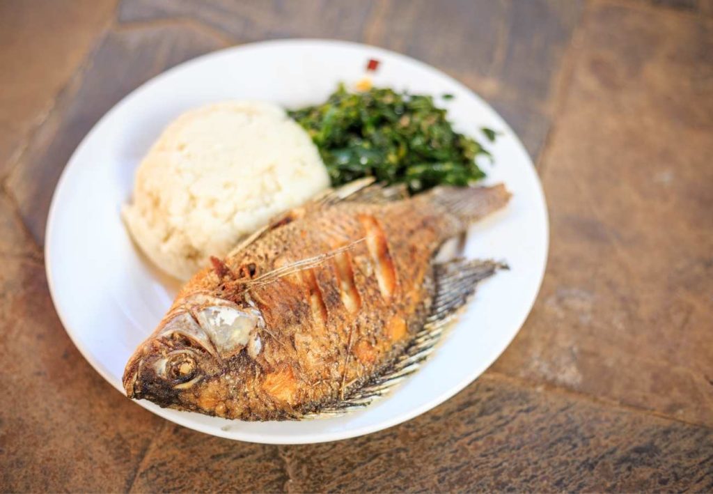 Ugali with fish and greens