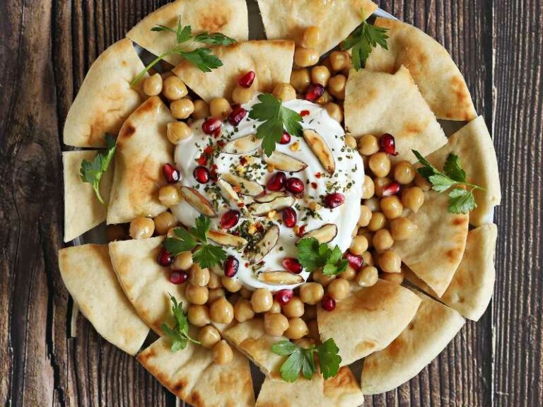 Fatteh with pomegranate seeds.