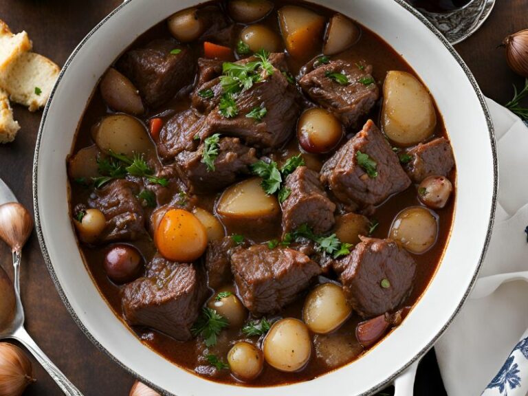 Greek Stifado served in a large bowl with beef and various vegetables in a brown sauce.