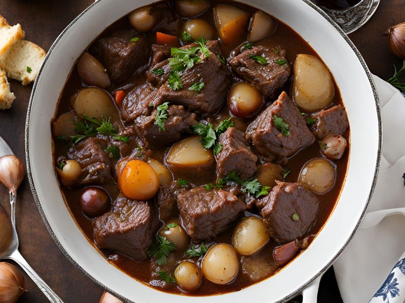 Greek Stifado served in a large bowl with beef and various vegetables in a brown sauce.