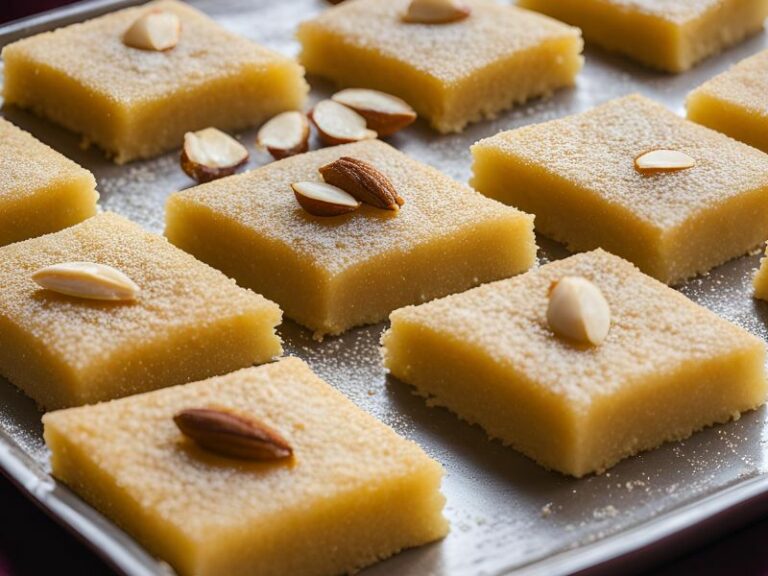 Small square shaped semolina cakes decorated with almonds and served on a silver tray