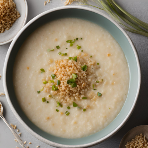 Blue bowl containing rice pudding with seasoning on top.