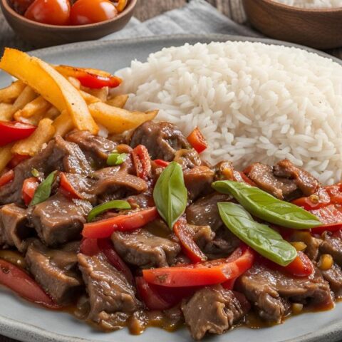 Peruvian Lomo Saltado on a plate, served with rice and french fries.