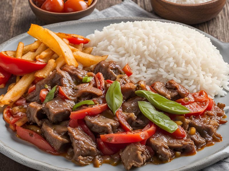 Peruvian Lomo Saltado on a plate, served with rice and french fries.