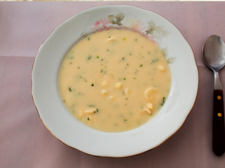 White bowl of creamy soup