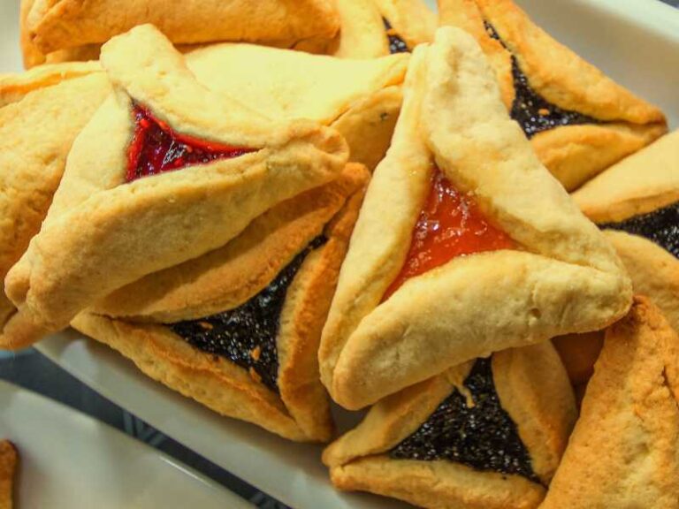 Hamentaschen with various jam fillings.