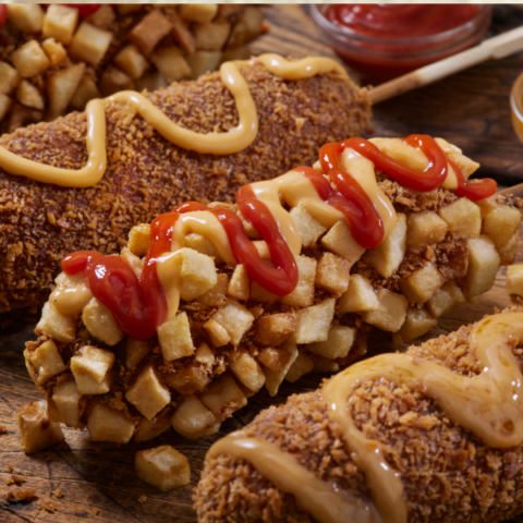 Korean corn dogs with a variety of toppings on a sticks on a board.