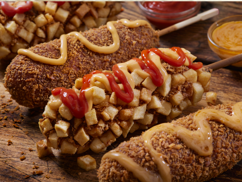 Korean corn dogs with a variety of toppings on a sticks on a board.