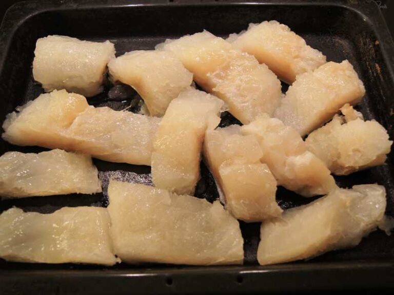 Chunks of lutefisk after soaking